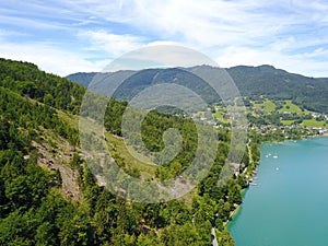 Drone view on lake Attersee in Upper Austria Austria