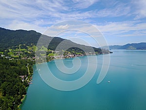 Drone view on lake Attersee in Upper Austria Austria