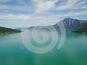 Drone view on lake Attersee in Upper Austria Austria