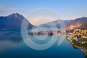 Drone view of Lake Iseo and port of Lovere