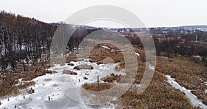 Drone view landscape frozen countryside water