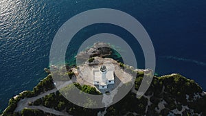 Drone view of lighthouse Cape of Ducato, Greek Ionian islands.