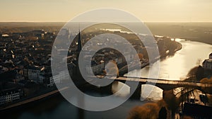 Drone view of Maastricht with river Maas at sunset