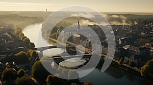 Drone view of Maastricht with river Maas at sunset