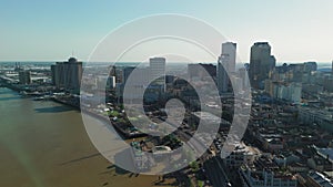 Drone view of mississippi river and downtown New Orleans city, Louisiana