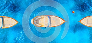 Drone view of a motor boat. Luxury transportation. Vacation and holidays. Summer time for sea travel.