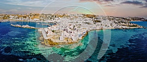 Drone view of Mykonos Greek village in Greece, colorful streets of Mikonos village