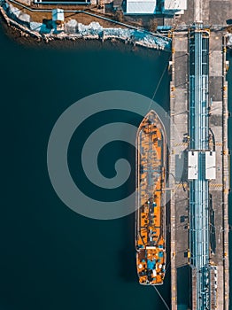 Drone view of a ship in the port