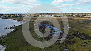 Drone view over gardiners park in bay shore looking at the hamlet of west Islip and landing