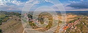 Drone view over the Po Valley from the mountains of Piedmont from the village of Camino during the day