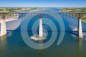 Drone view over The Sky Trail Bridge by Lake Diefenbaker in Saskatchewan, Canada