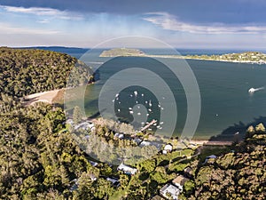 Drone view of Palm Beach and Barrenjoey Head Lighthouse