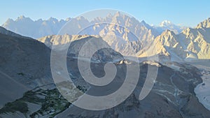 Drone view of Passu cones in Gojal, Hunza valley from Borith Lake.