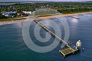 drone view of pier of Zingst in baltic sea in the morning