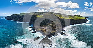 Drone view of Ponta da Ferraria, Sao Miguel, Azores, Natural volcanic hot pool in the Atlantic Ocean on Azores photo