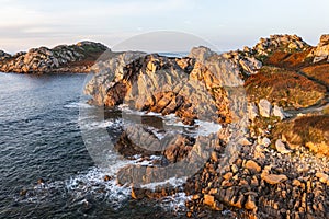 .Drone view of Primel Tregastel, ocean coast in France, Brittany at sunset