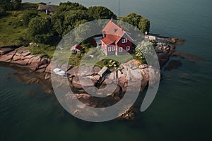 Drone view of red cottage coastal building. Generate ai