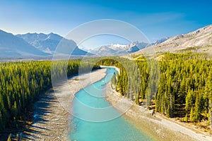 A drone view of the river in the mountains valley. An aerial view of an autumn forest. Winding river among the trees.