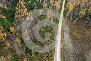 Drone view of road and forest in golden time