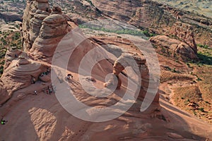 Drone view of the rock formations and Delicate Arch in Arches National Park in Utah