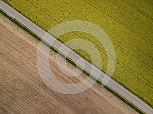 Drone view of a rural asphalt road between plowed arable land and blooming canola field in spring
