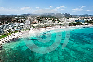 Drone view of Sa Coma beach in Mallorca Spain