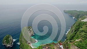 Drone view at sea and rocks, Kelingking beach, Nusa Penida, Bali, Indonesia.