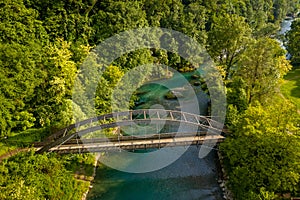 Drone view of the Serio river and old bridge photo