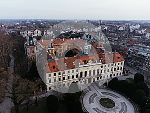 Drone view of Sombor town, square and architecture, Vojvodina region of Serbia, Europe.