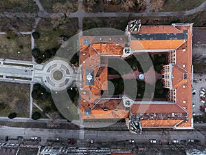 Drone view of Sombor town, square and architecture, Vojvodina region of Serbia, Europe.