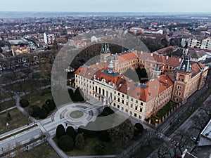 Drone view of Sombor town, square and architecture, Vojvodina region of Serbia, Europe.