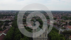 Drone view of the St. Theresa of Avila Cathedral Subotica, Serbia. 4K