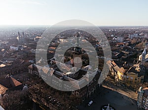 Drone view of Subotica downtown and city hall. Europe, Serbia.