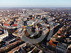 Drone view of Subotica downtown and city hall. Europe, Serbia.