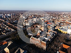 Drone view of Subotica downtown and city hall. Europe, Serbia.