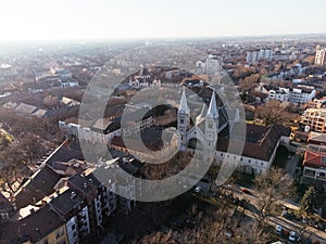 Drone view of Subotica downtown and city hall. Europe, Serbia.