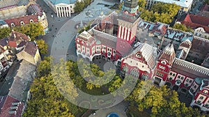 Drone view of Subotica\'s city hall and beautiful park in Serbia