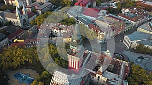 Drone view of Subotica\'s city hall clocktower in Serbia