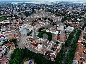 Drone view of Subotica's downtown and city hall. Europe, Serbia.