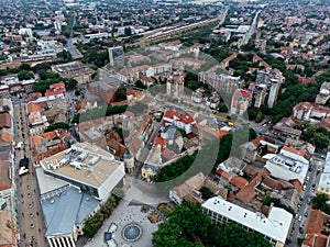 Drone view of Subotica's downtown and city hall. Europe, Serbia.