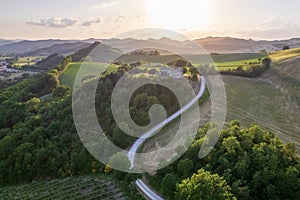 Aerial view of sunset at Marcher region in Italy