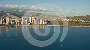 A drone view at sunset of Waikiki Beach and Diamond Head Crater, a famous tourist destination in Honolulu, Oahu, Hawaii