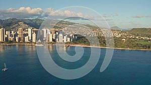 A drone view at sunset of Waikiki Beach and Diamond Head Crater, a famous tourist destination in Honolulu, Oahu, Hawaii