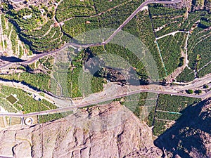 Drone view of Tazacorte and part of Caldera de Taburiente volcano on LaPalma island. Banana plantations