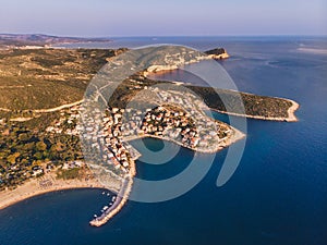 Drone view of Thasos Island, Greece. Skala Marion and Platanes Beach and harbour in southern Thasos, in the Aegean Sea