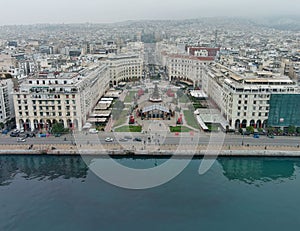 Drone view of Thessaloniki port city with the Aristotelous square on the Thermaic Gulf photo