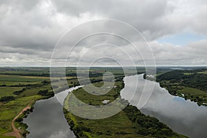 Drone view of Tiete River in cloudy day photo