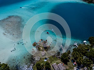 Drone view to blue water in the Bacalar lagoon