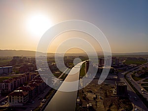 Drone view to the part of Afyon city and Akcaray river in Turkey during sunset time