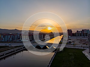 Drone view to the part of Afyon city and Akcaray river in Turkey during sunset time